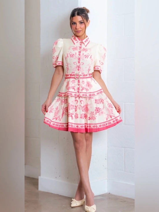 Boutique Dresses & Skirts - Boutique Ivory & Pink Floral Peplum Belted Dress Size Small NWOT